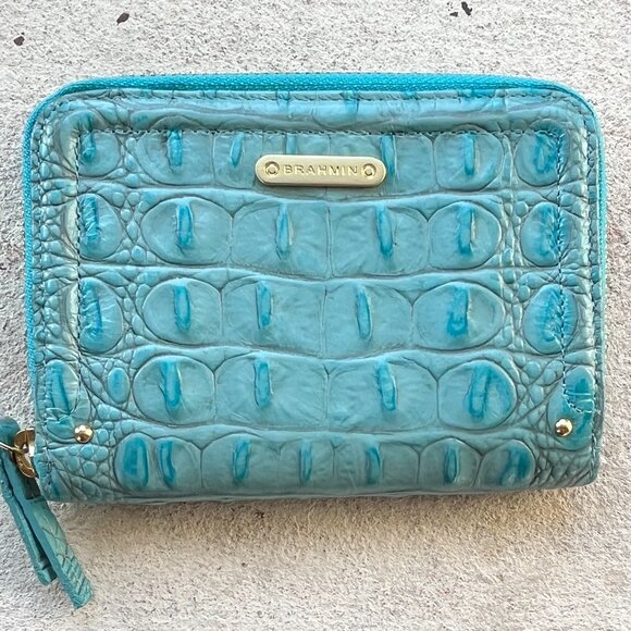 Brahmin Melbourne Tropic Blue Moc Croc ID Cards Small Zip Around Wallet New Rare - Picture 1 of 4